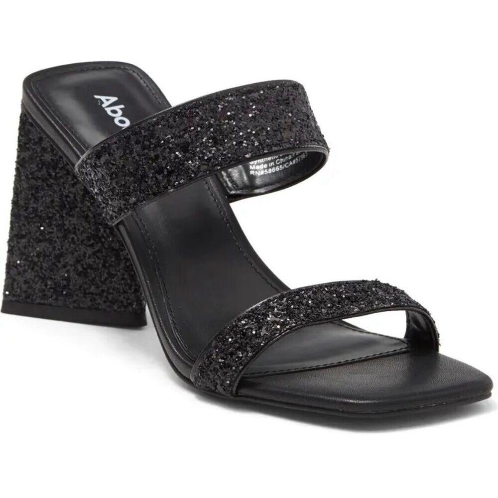 Abound Dress Sandals Size 7.5 Black Carina Glitter Slip On Open Square Toe Heels